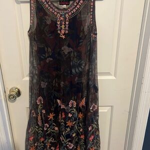 Johnny Was Mesh Multicolor Embroidered Midi Dress "Omphelia"